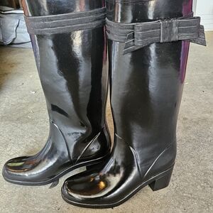 Black Knee-High Rain Boots with Bow Accent